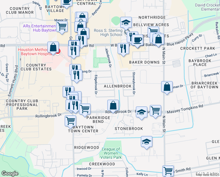 map of restaurants, bars, coffee shops, grocery stores, and more near 809 Sunnybrook Lane in Baytown