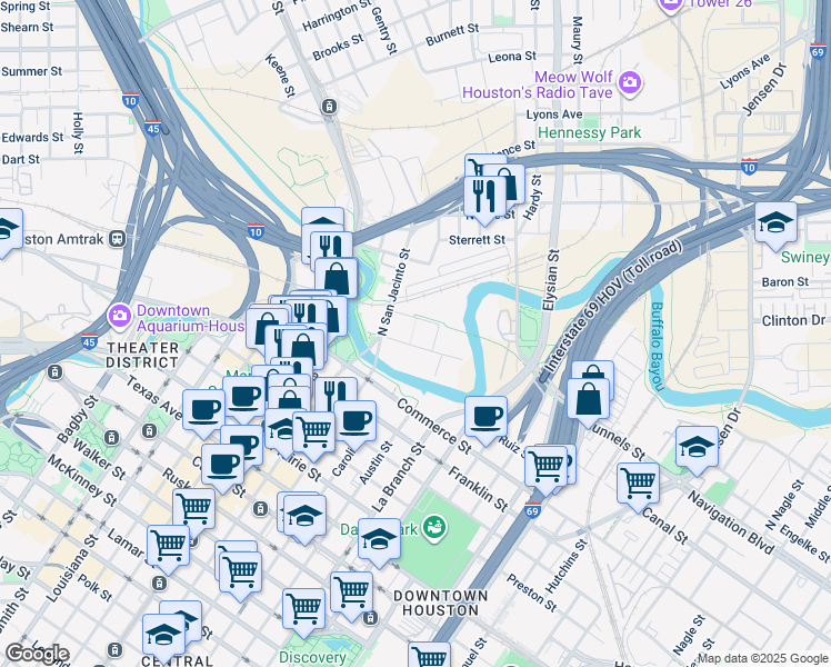 map of restaurants, bars, coffee shops, grocery stores, and more near 700 North San Jacinto Street in Houston