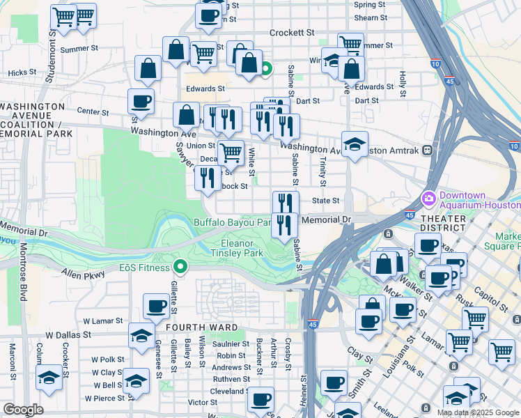 map of restaurants, bars, coffee shops, grocery stores, and more near 1907 State Street in Houston