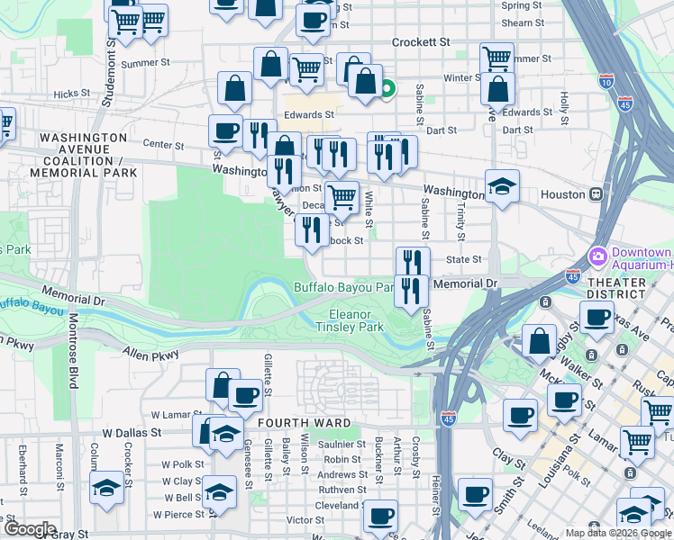 map of restaurants, bars, coffee shops, grocery stores, and more near 2119 State Street in Houston