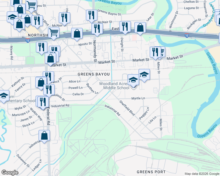 map of restaurants, bars, coffee shops, grocery stores, and more near 12919 Century Drive in Houston