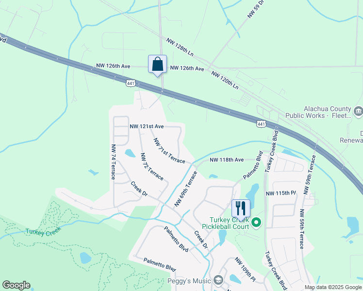 map of restaurants, bars, coffee shops, grocery stores, and more near 11909 Northwest 69th Way in Alachua