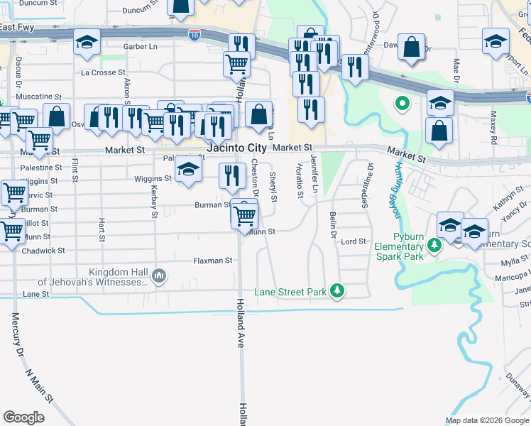 map of restaurants, bars, coffee shops, grocery stores, and more near 1504 Sheryl Street in Houston