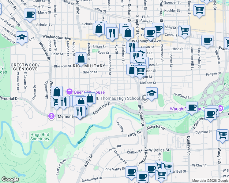 map of restaurants, bars, coffee shops, grocery stores, and more near 117 Reinerman Street in Houston