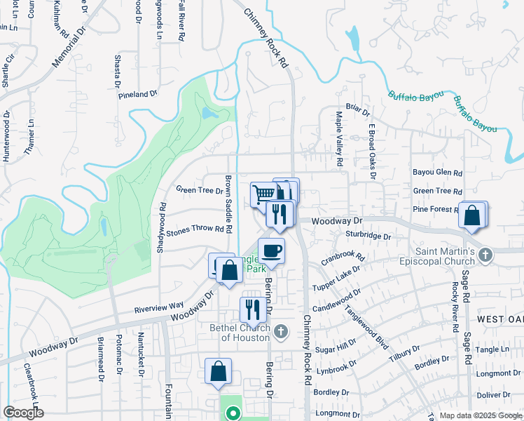 map of restaurants, bars, coffee shops, grocery stores, and more near 520 Chimney Rock Road in Houston