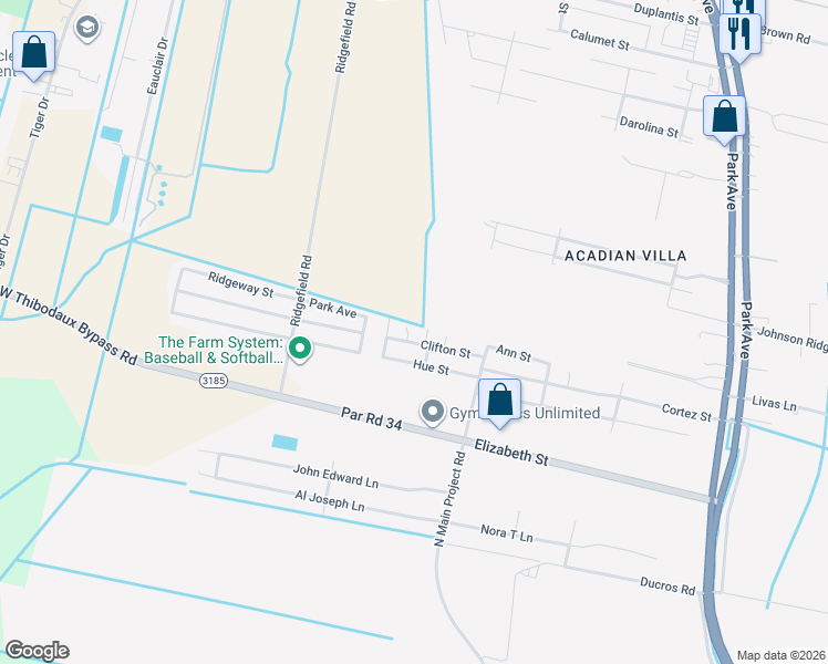 map of restaurants, bars, coffee shops, grocery stores, and more near 299 Lucy Street in Thibodaux
