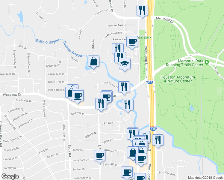 map of restaurants, bars, coffee shops, grocery stores, and more near 222B South Post Oak Lane in Houston