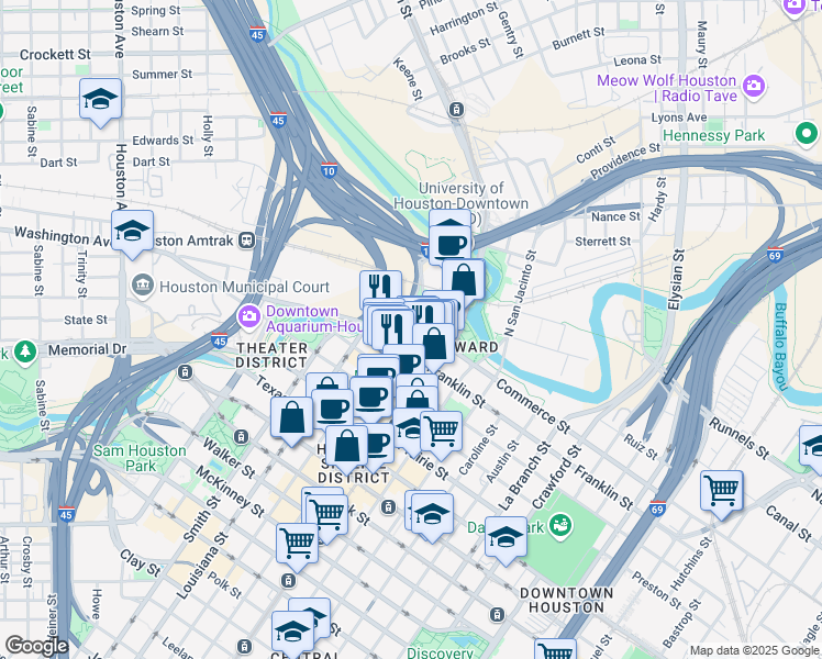 map of restaurants, bars, coffee shops, grocery stores, and more near 800 Commerce Street in Houston