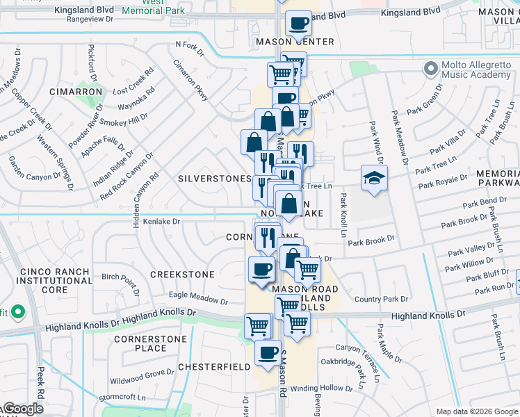 map of restaurants, bars, coffee shops, grocery stores, and more near 1110 Mason Road in Katy