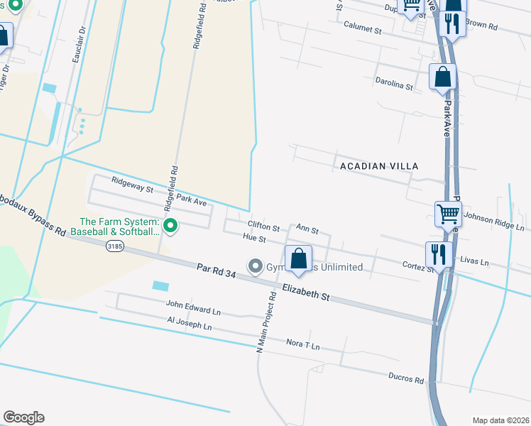 map of restaurants, bars, coffee shops, grocery stores, and more near Sara Street in Thibodaux