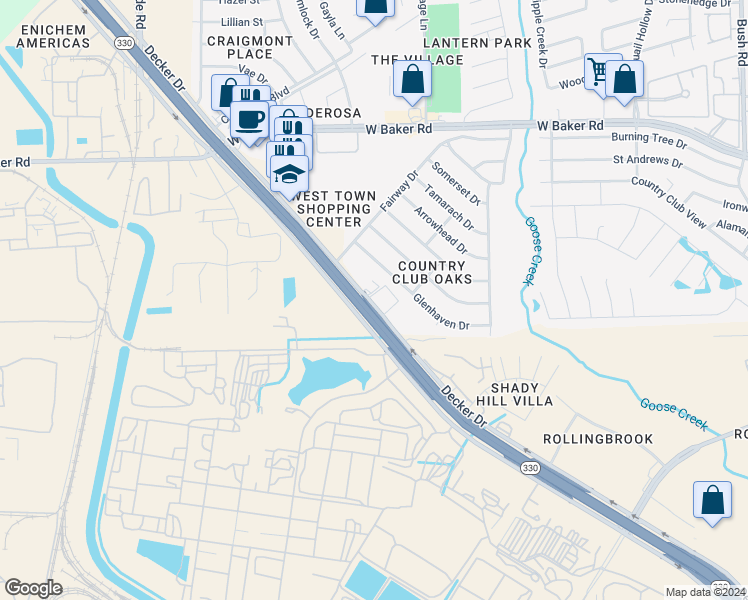 map of restaurants, bars, coffee shops, grocery stores, and more near 3720 Decker Drive in Baytown