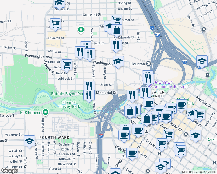map of restaurants, bars, coffee shops, grocery stores, and more near 1550n North Memorial Way in Houston