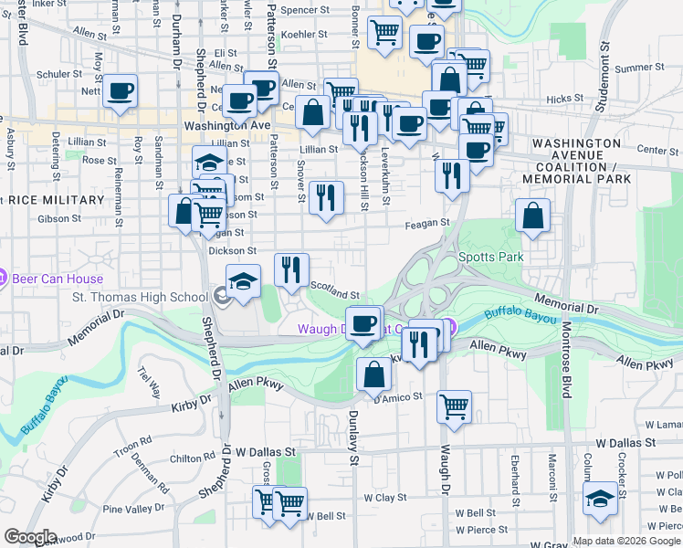 map of restaurants, bars, coffee shops, grocery stores, and more near 4200 Scotland Street in Houston
