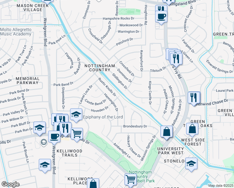 map of restaurants, bars, coffee shops, grocery stores, and more near 1411 Rustic Knolls Drive in Katy