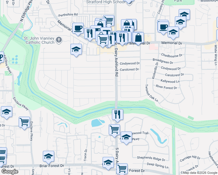 map of restaurants, bars, coffee shops, grocery stores, and more near 14611 River Forest Drive in Houston