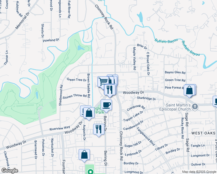 map of restaurants, bars, coffee shops, grocery stores, and more near 520 Chimney Rock Road in Houston