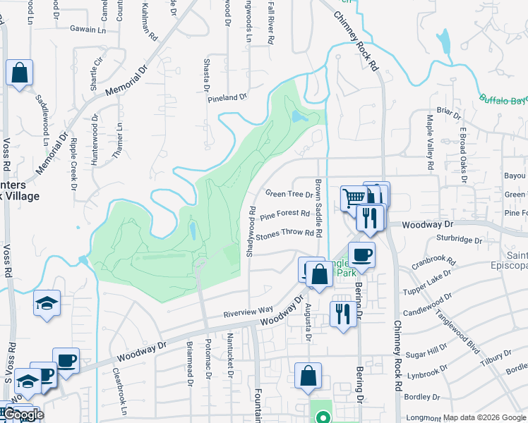 map of restaurants, bars, coffee shops, grocery stores, and more near 6014 Pine Forest Road in Houston