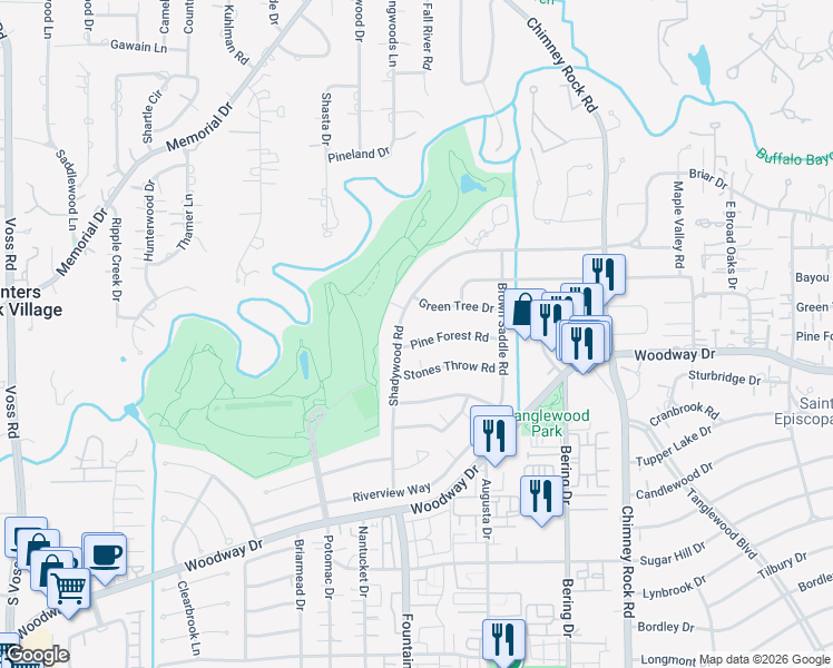 map of restaurants, bars, coffee shops, grocery stores, and more near 6014 Pine Forest Road in Houston