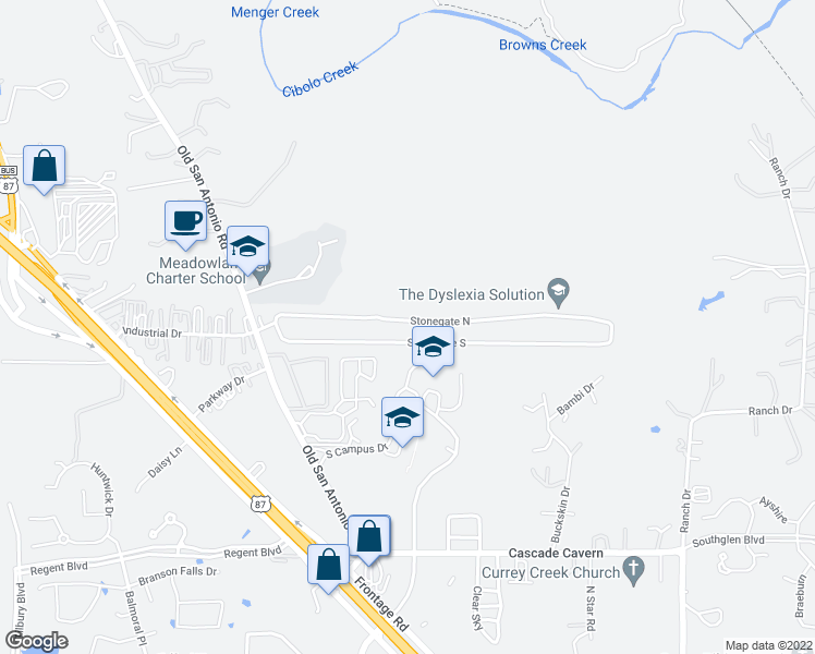 map of restaurants, bars, coffee shops, grocery stores, and more near 117 Stonegate North in Boerne
