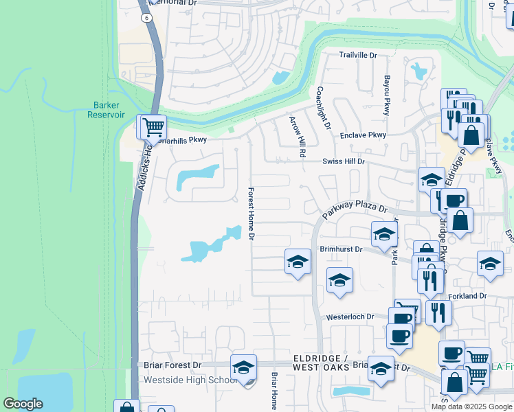 map of restaurants, bars, coffee shops, grocery stores, and more near 14222 Hillvale Drive in Houston