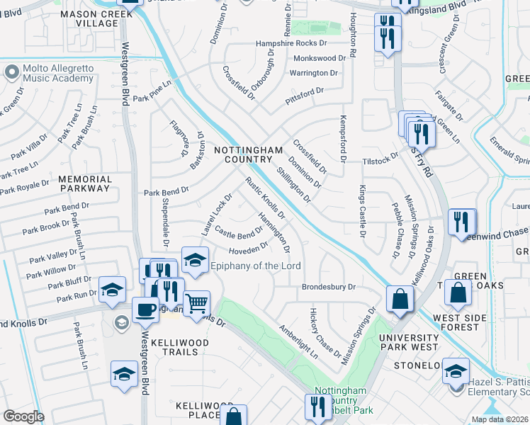 map of restaurants, bars, coffee shops, grocery stores, and more near 1311 Hannington Drive in Katy