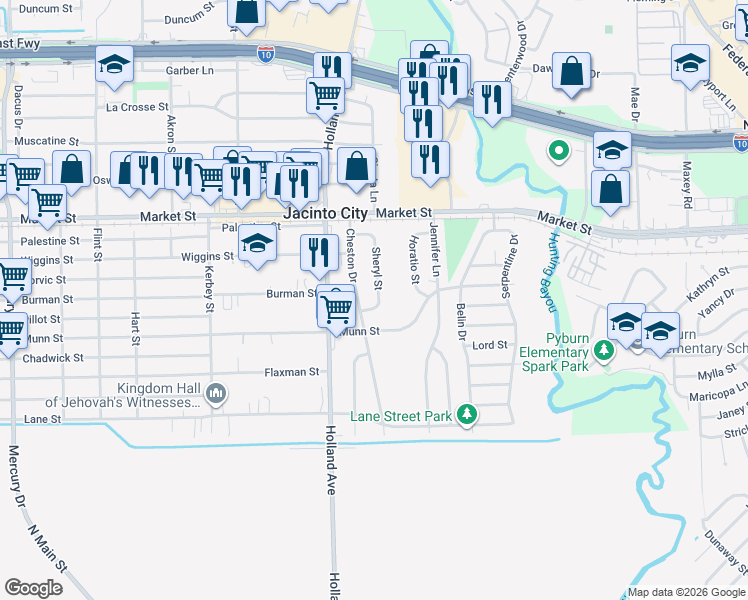 map of restaurants, bars, coffee shops, grocery stores, and more near 1504 Sheryl Street in Houston