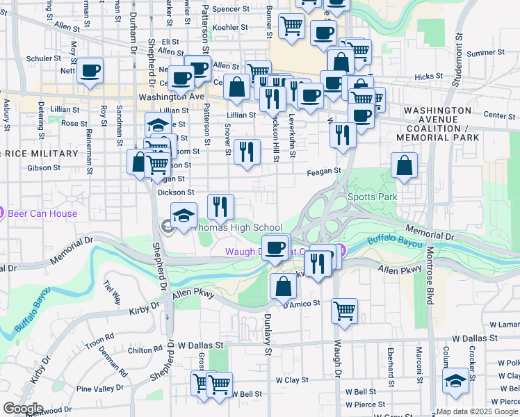 map of restaurants, bars, coffee shops, grocery stores, and more near 4200 Scotland Street in Houston