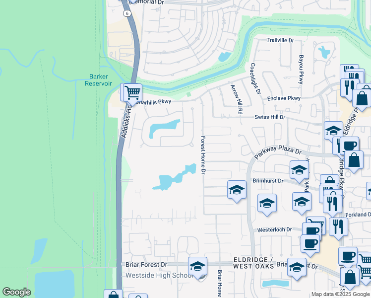 map of restaurants, bars, coffee shops, grocery stores, and more near 14431 Basalt Lane in Houston