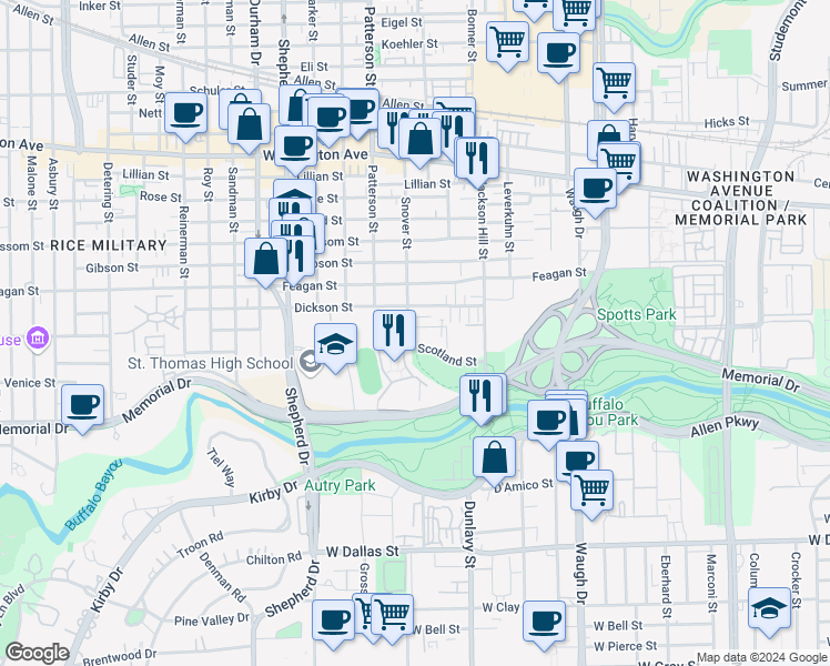 map of restaurants, bars, coffee shops, grocery stores, and more near 4333 O'Reilly in Houston