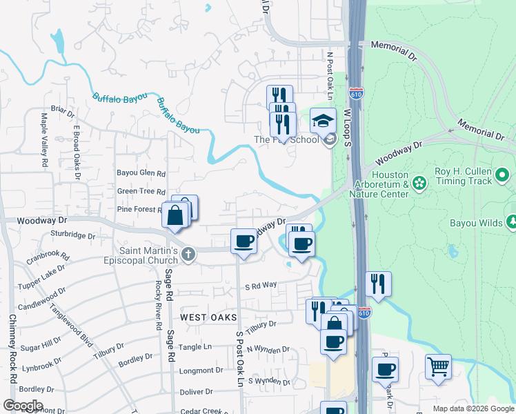 map of restaurants, bars, coffee shops, grocery stores, and more near 222B South Post Oak Lane in Houston