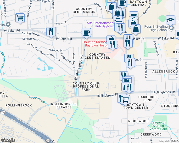 map of restaurants, bars, coffee shops, grocery stores, and more near 3915 Cooper Creek in Baytown