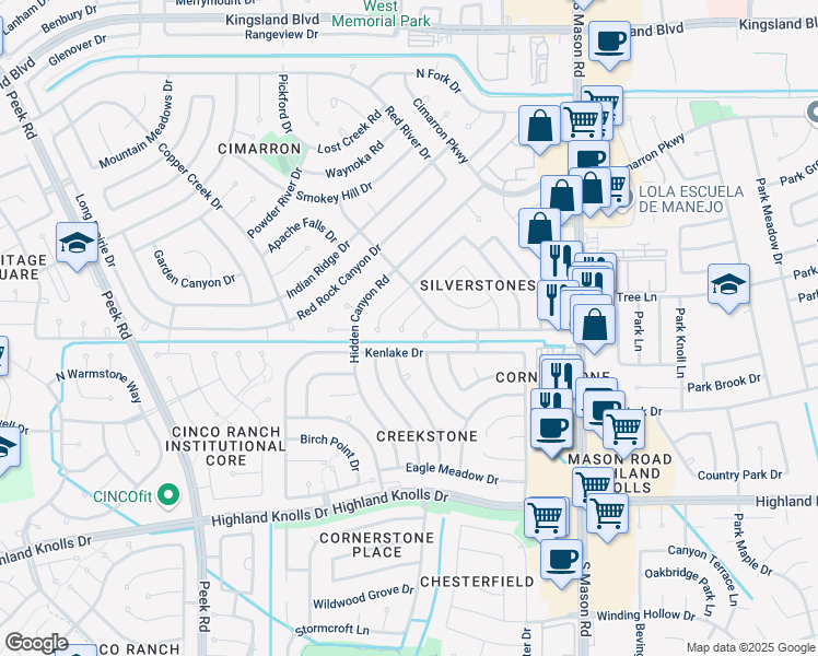 map of restaurants, bars, coffee shops, grocery stores, and more near 1027 Golden Nugget Court in Katy
