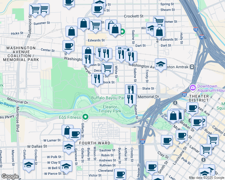 map of restaurants, bars, coffee shops, grocery stores, and more near 2017 State Street in Houston