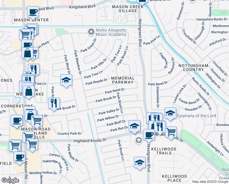 map of restaurants, bars, coffee shops, grocery stores, and more near 21307 Park Bend Drive in Katy