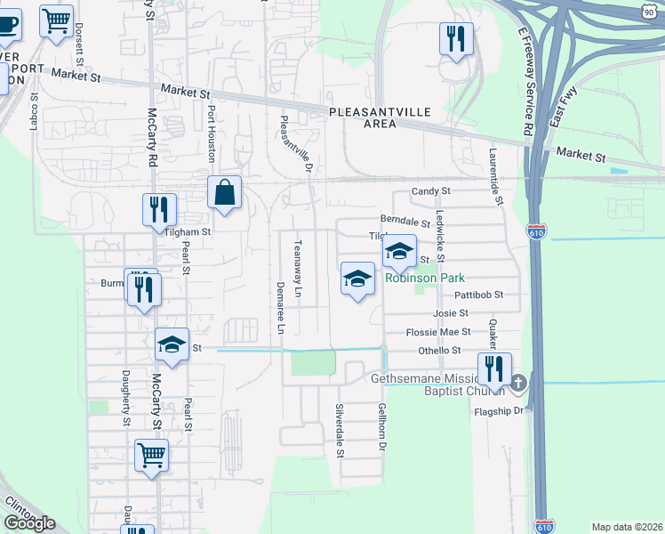 map of restaurants, bars, coffee shops, grocery stores, and more near 1503 Pleasantville Drive in Houston