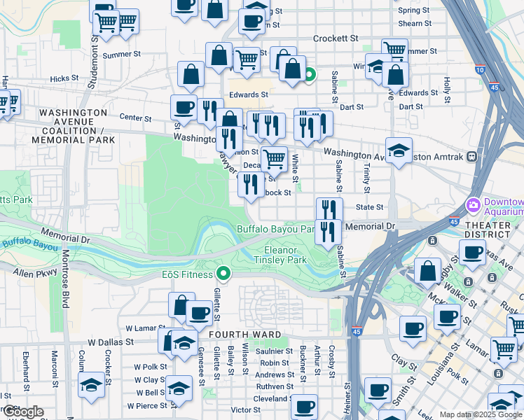 map of restaurants, bars, coffee shops, grocery stores, and more near 2119 State Street in Houston