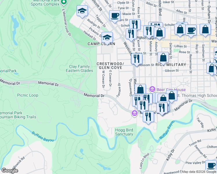 map of restaurants, bars, coffee shops, grocery stores, and more near 205 E Cowan Dr in Houston