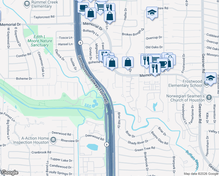 map of restaurants, bars, coffee shops, grocery stores, and more near 206 Faust Lane in Houston