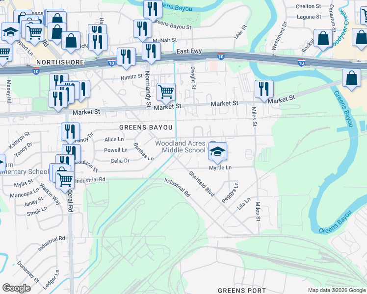 map of restaurants, bars, coffee shops, grocery stores, and more near 12919 Century Drive in Houston