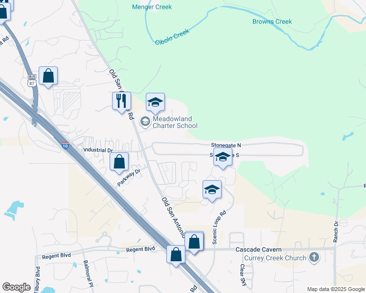 map of restaurants, bars, coffee shops, grocery stores, and more near 109 Stonegate North in Boerne