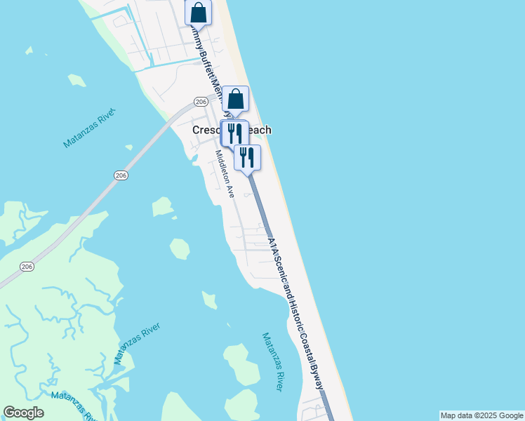 map of restaurants, bars, coffee shops, grocery stores, and more near 7112 A1A Scenic and Historic Coastal Byway in St. Augustine
