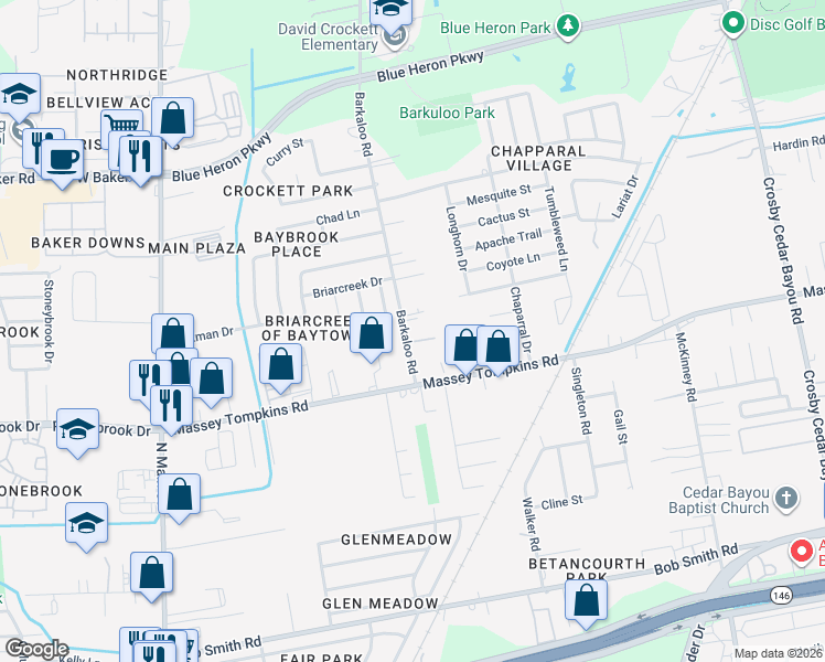 map of restaurants, bars, coffee shops, grocery stores, and more near 3806 Barkaloo Road in Baytown