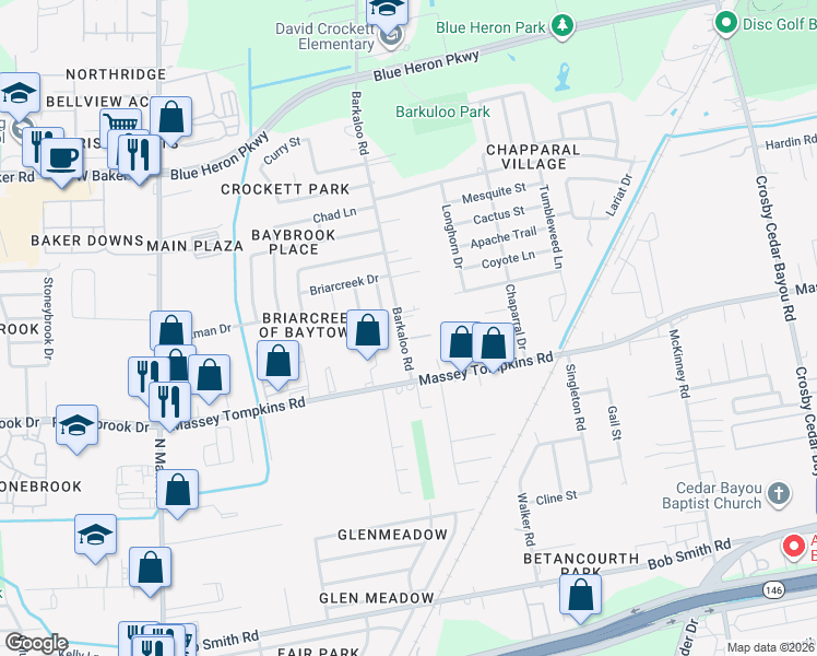 map of restaurants, bars, coffee shops, grocery stores, and more near 3806 Barkaloo Road in Baytown