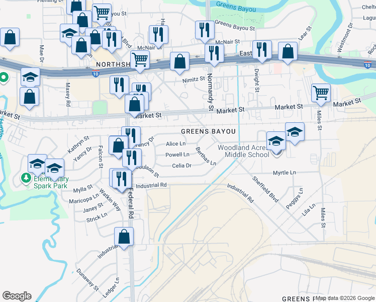 map of restaurants, bars, coffee shops, grocery stores, and more near 12713 Powell Lane in Houston