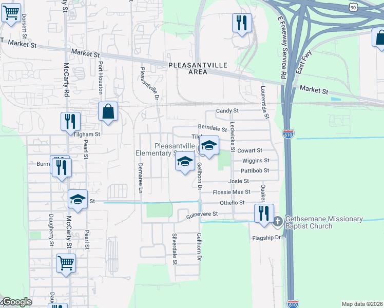 map of restaurants, bars, coffee shops, grocery stores, and more near 8519 Wiggins Street in Houston