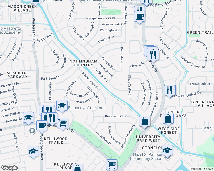 map of restaurants, bars, coffee shops, grocery stores, and more near 1410 Shillington Drive in Katy