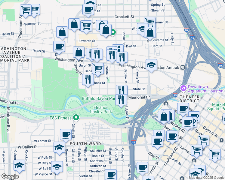 map of restaurants, bars, coffee shops, grocery stores, and more near 1907 State St in Houston