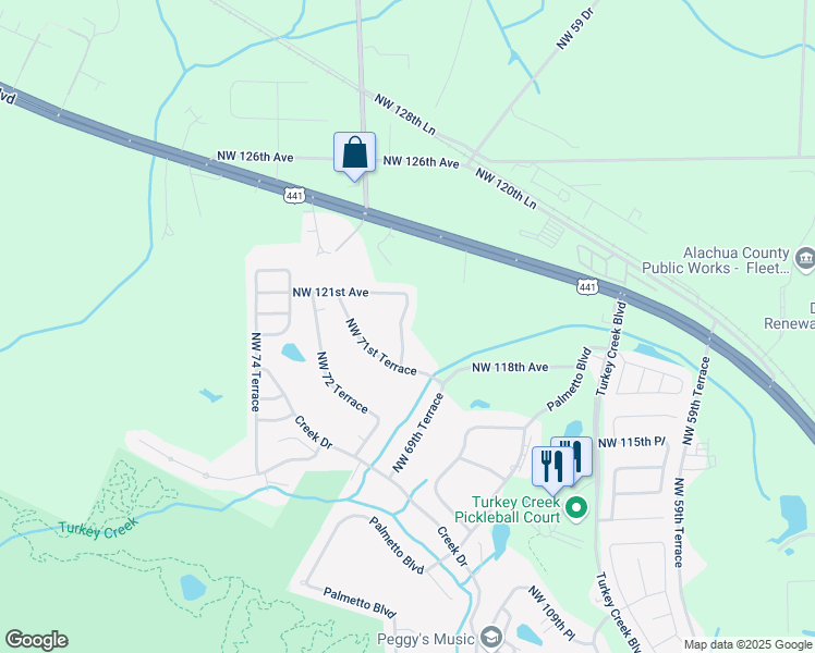 map of restaurants, bars, coffee shops, grocery stores, and more near 11909 Northwest 69th Way in Alachua