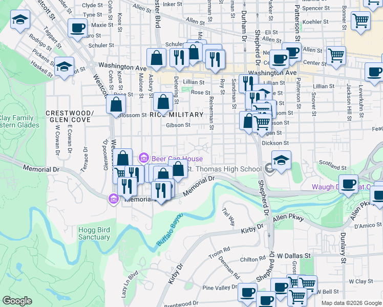 map of restaurants, bars, coffee shops, grocery stores, and more near 5315 Paseo Caceres Drive in Houston