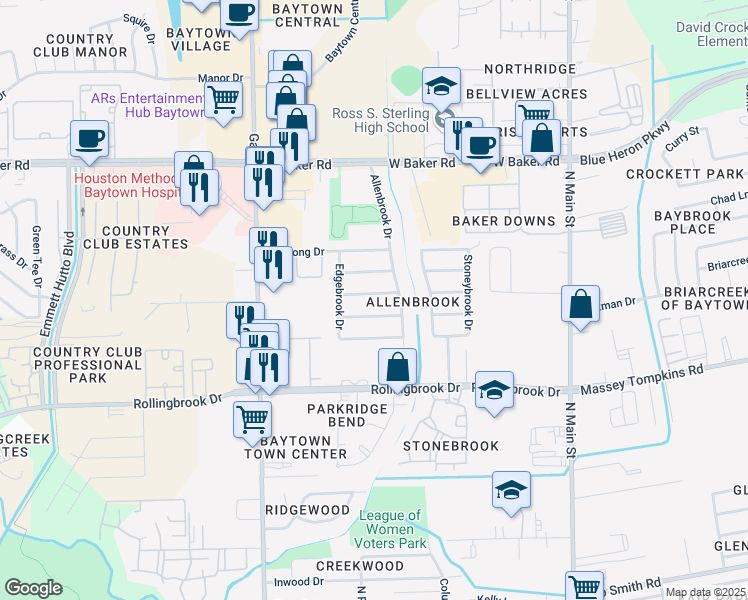 map of restaurants, bars, coffee shops, grocery stores, and more near 809 Sunnybrook Lane in Baytown
